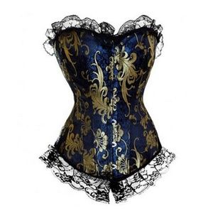 Blue Gold Floral Metallic Brocade Corset Bustier L